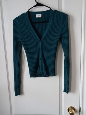 Wilfred Teal Ribbed V-Neck Button Cardigan Sweater - Women's